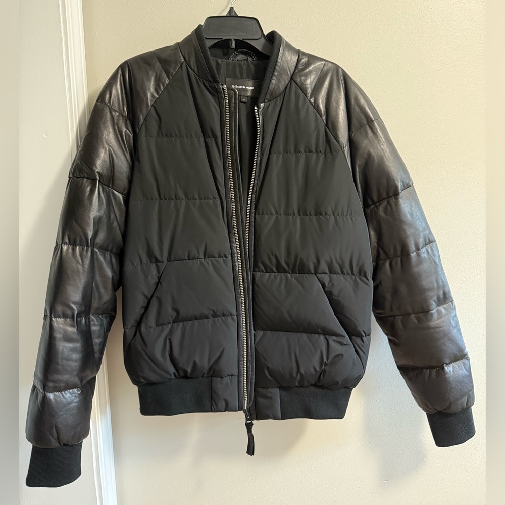 Mackage Black Bomber Down Jacket with Leather Sleeves